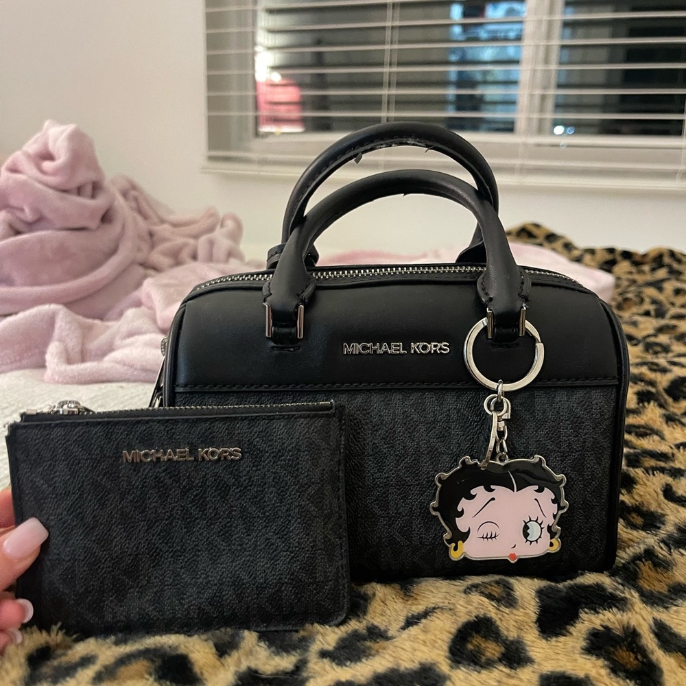 Michael Kors Black Logo Dome Satchel with Matching Pouch